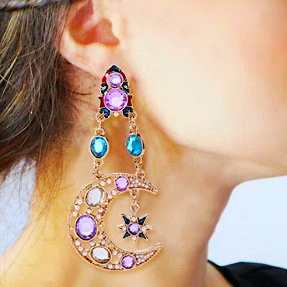 Celestial Moon Star Gold Plated Dangle Earrings Statement accent Stones - Picture 6 of 14